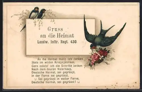 AK Landw. Inftr. Regt. 430, Schwalben mit Grüssen an die Heimat