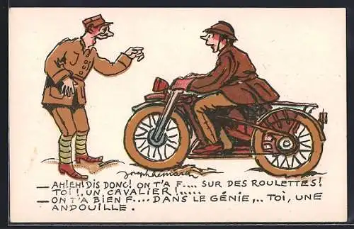 Künstler-AK Soldat mit Mann auf Motorrad
