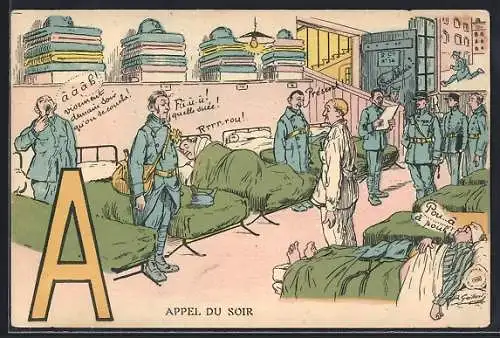 Künstler-AK Buchstabe A, Soldaten in der Stube