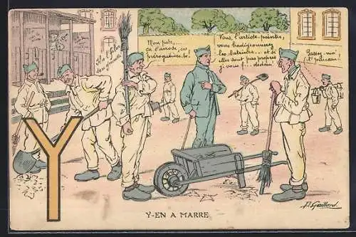 Künstler-AK Buchstabe Y, Soldaten auf dem Kasernenhof