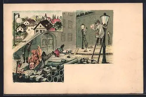 Lithographie Scherz, Strassenbau in Stadt, Menschen stolpern u. fallen in Löcher, Gaslaternenanzünder, Hintereinödsdorf