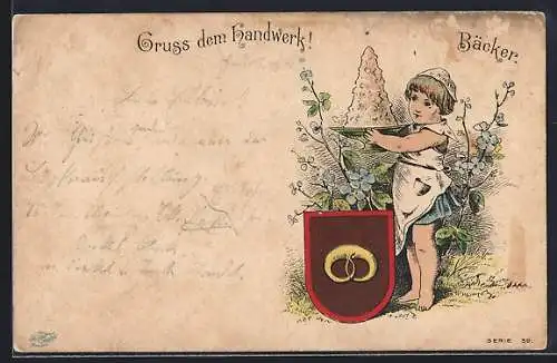 Lithographie Kleiner Bäcker mit Zunftschild