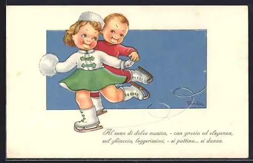 Künstler-AK Kinder laufen Schlittschuh