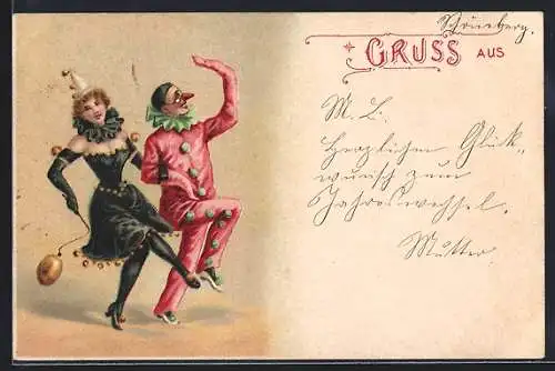 AK Pierrot tanzt mit kostümierter Dame