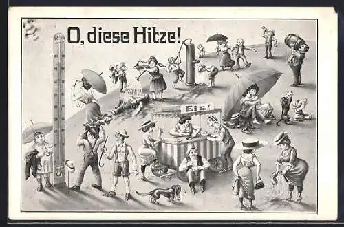 AK O, diese Hitze, Menschen betrachten ein Thermometer, Eis, Paar unter einem Sonnenschirm