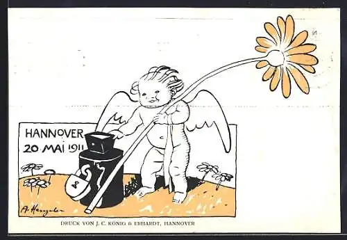 Künstler-AK Hannover, Blumentag 20. Mai 1911, Engelchen mit Blume und Spendenbüchse