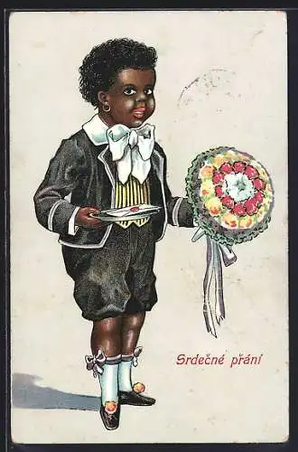 AK Srdecné prání, Afrikanischer Junge mit Blumenstrauss und Brief, afrikanische Volkstypen