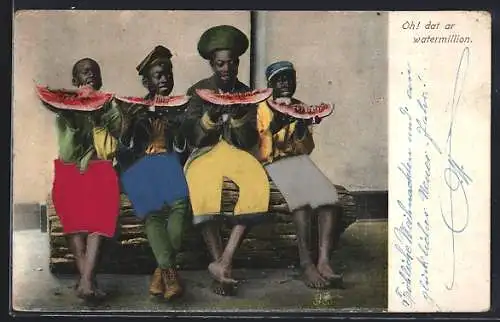 Präge-AK Afrikanische Jungen essen Wassermelone, afrikanische Volkstypen