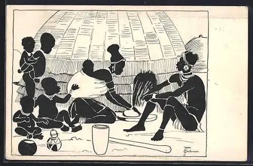 AK Schattenbild, Afrikanisches Paar mit Kindern, afrikanische Volkstypen
