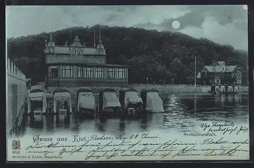 Mondschein-AK Kiel, Seebadanstalt mit Badekarren