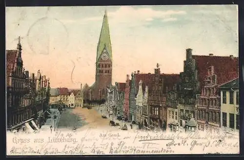 AK Lüneburg, Strasse am Sand mit Kirchturm
