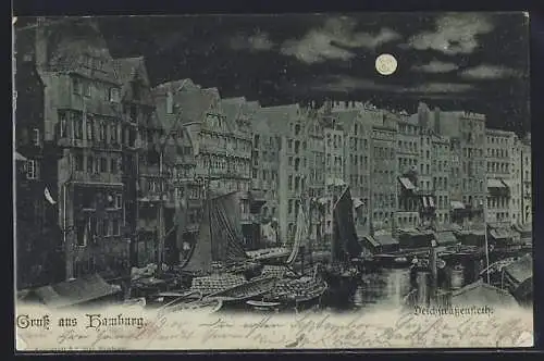 Mondschein-AK Alt-Hamburg, Deichstrassenfleth mit Booten