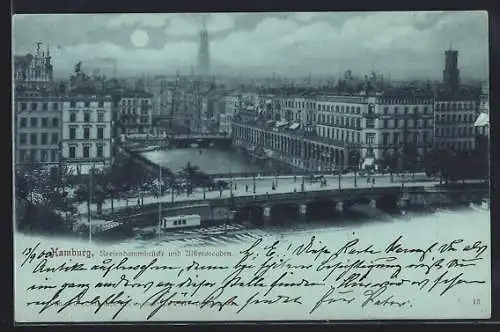 Mondschein-AK Hamburg, Reesendammbrücke und Alsterarcaden