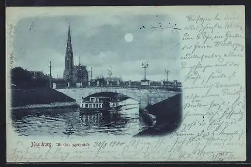 Mondschein-AK Hamburg-Hohenfelde, Mundsburgerbrücke mit Fähre