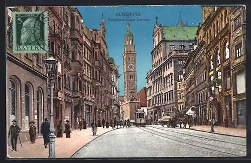 AK Augsburg, Strasse am Perlachturm und Rathaus, Strassenbahn