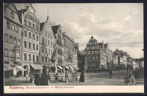 AK Augsburg, Maximilianstrasse, Merkurbrunnen, Geschäfte
