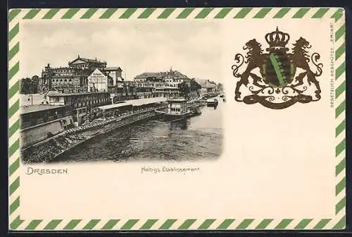 AK Dresden, Blick auf Helbig`s Etablissement am Elbufer mit Wappen