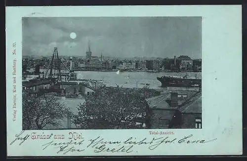 Mondschein-AK Kiel, Teilansicht aus der Vogelschau