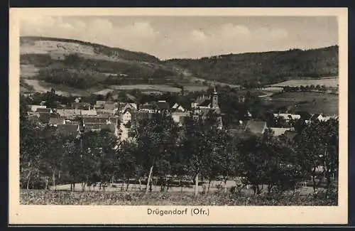 AK Drügendorf, Blick über den Ort und Umgebung, Kirche