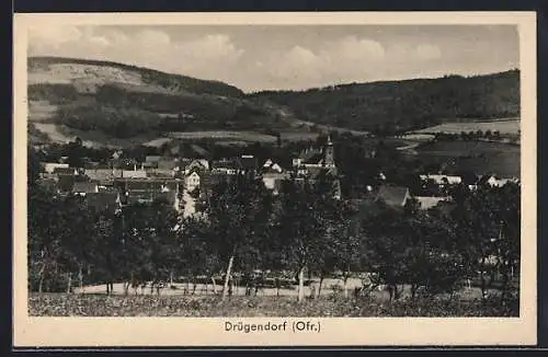 AK Drügendorf, Blick über den Ort und Umgebung, Kirche