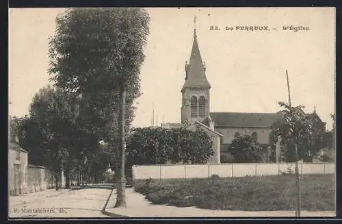 AK Le Perreux, L`église et la rue arborée