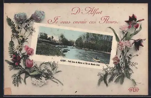 AK Alfort, Petit bras de Marne et l`île du Moulin Eifel avec fleurs en décoration