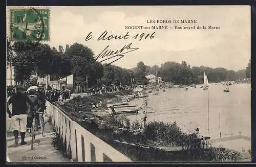 AK Nogent-sur-Marne, Boulevard de la Marne mit Spaziergängern und Segelbooten