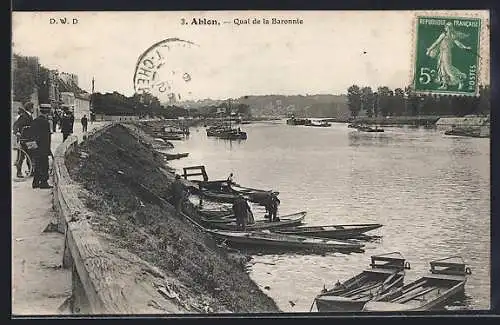 AK Ablon, Quai de la Baronne avec barques et promeneurs