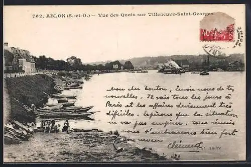 AK Ablon, Vue des quais sur Villeneuve-Saint-Georges et barques au bord de la rivière