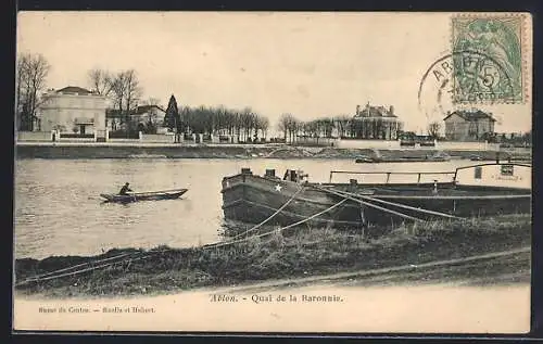 AK Ablon, Quai de la Baronnie avec péniche et canot sur la rivière