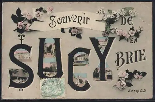 AK Sucy-en-Brie, Souvenir fleuri avec vues intégrées