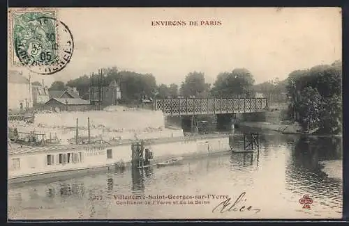 AK Villeneuve-Saint-Georges, Confluent de l`Yerre et de la Seine avec bateau et pont ferroviaire