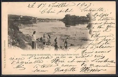 AK Villeneuve-Saint-Georges, Rives de la Seine avec baigneurs et paysage fluvial