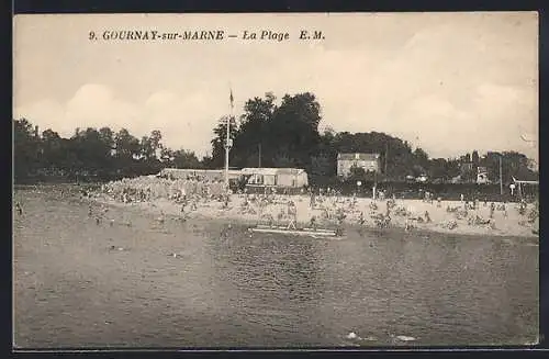 AK Gournay-sur-Marne, La Plage animée avec baigneurs et bord de rivière