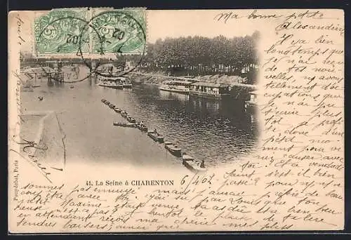 AK Charenton, La Seine avec péniches et arbres en arrière-plan