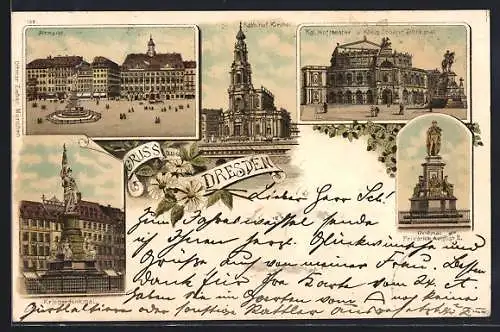 Lithographie Dresden, Kgl. Hoftheater mit König Johann-Denkmal, Altmarkt, Kriegerdenkmal