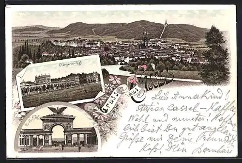 Lithographie Kassel, Gesamtansicht, Orangerieschloss und Auethor