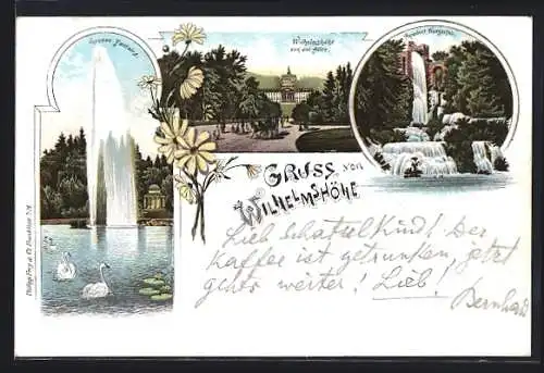 Lithographie Kassel-Wilhelmshöhe, Grosse Fontaine, Schloss von der Allee