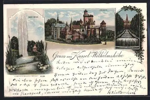 Lithographie Kassel-Wilhelmshöhe, Löwenburg, Grosse Fontäne, Cascaden