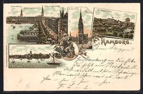 Lithographie Hamburg, Nicolaikirche, Hopfenmarkt, Zoologischer Garten, Alster-Pavillon