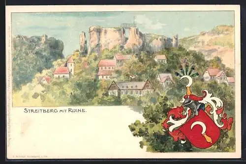 Lithographie Streitberg / Fränk. Schweiz, Ruine und Wappen
