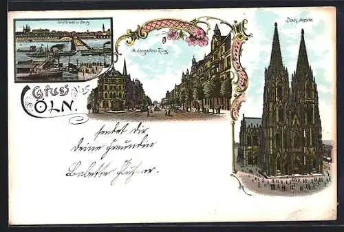 Lithographie Köln, Dom, Hohenzollernring, Schiffbrücke