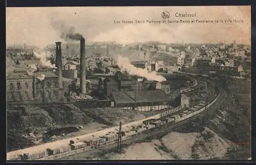 AK Charleroi, Les fosses Sacré Madame et Sainte-Barbe et panorama de la Ville Haute
