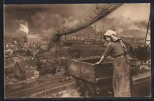 AK Souvenir de Pays Noir, Französische Arbeiterin und Hütte