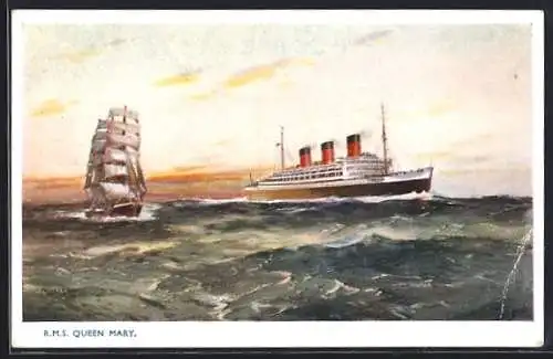 AK RMS Queen Mary auf See