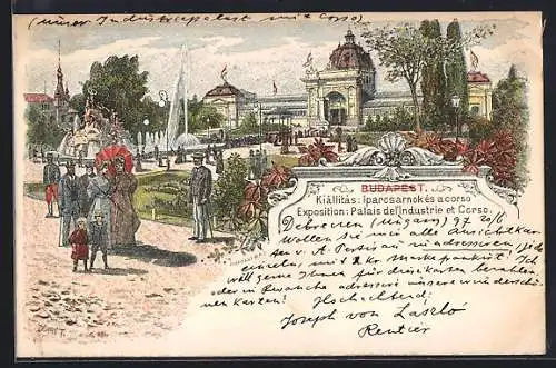 Künstler-AK Budapest, Exposition: Palais de l`Industrie et Corso, Ausstellung