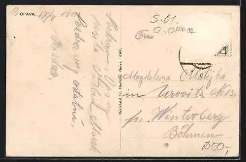 AK Troppau, Olmützerstrasse mit Strassenbahn