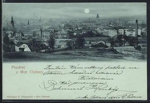 Mondschein-AK Mor. Ostrava, Totalansicht von einer Anhöhe aus, mit Fabrikschlot
