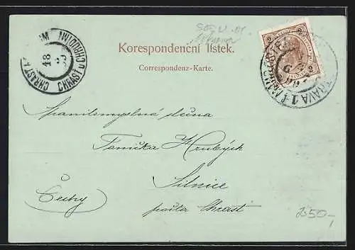Mondschein-AK Mor. Ostrava, Totalansicht von einer Anhöhe aus, mit Fabrikschlot