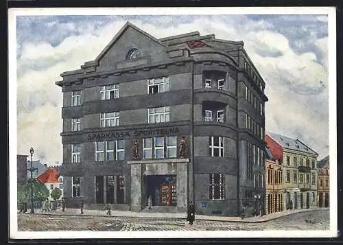 Künstler-AK Schlesisch-Ostrau, Sparkassengebäude mit Strasse
